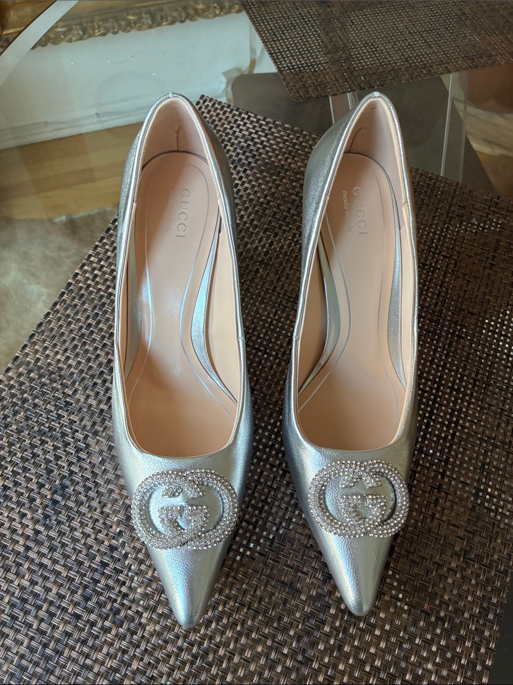 Gucci Metallic Silver Pointed Toe Crystal-Embellished Pumps size 38